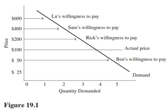 <strong>See Figure 19.1.Lu's consumer surplus is equal to </strong> A)$100. B)$200. C)$300. D)$500.