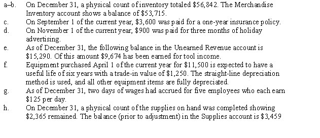 For the year ended December 31, Bailey Tool Company uses the periodic inventory system and has the following adjusting entry information: Instructions: Journalize in quality format the necessary adjusting entries for Bailey Tool Company on page 46.