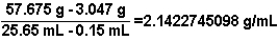 <strong>Based on data obtained in an experiment,to determine the density of a metal,the following calculation is carried out.Express the answer to the correct number of significant figures. </strong> A)2.1 g/mL B)2.14 g/ml C)2.142 g/mL D)2.1423 g/mL