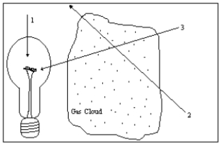 <strong> Diagram 6-2 illustrates a light source, a gas cloud, and three different lines of sight. Along which line of sight would an observer see an emission spectrum</strong> A)1 B)2 C)3 D)2 and 3 E)none of them