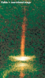 <strong>In the following visible + near infrared image, the white color is the ______, the red color is the __________, and the lack of white color (or black color) sandwiched between the upper white half-moon shape and the lower white half-moon shape is _________________.  </strong> A)star, jet, the infrared part B)disk, Herbig-Haro object, empty space C)surface disk, jet, the dense dust disk D)None of the other choices are correct. <div style=padding-top: 35px> 