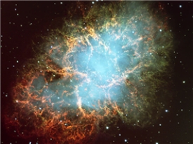 <strong>The image shows the Crab Nebula. The Crab Nebula is  </strong> A)a planetary nebula. B)a name for the cloud of gas and dust which later became our solar system. C)an ejected cloud of gas from a supernova. D)in the constellation Orion, containing many bright young blue stars. <div style=padding-top: 35px> 