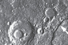 <strong>What is the arrow in the following photo pointing to on the surface of Mercury </strong> A)mountain B)valley C)crater D)scarp
