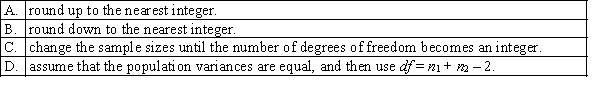 In testing the difference between the means of two normally distributed populations, the number of degrees of freedom associated with the unequal-variances t-test statistic usually results in a non-integer number. It is recommended that you: