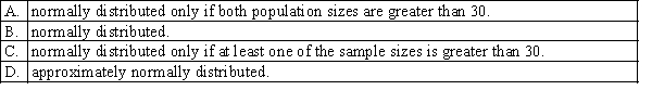 If two populations are not known to be normally distributed, the sampling distribution of the sample mean difference, , will be: