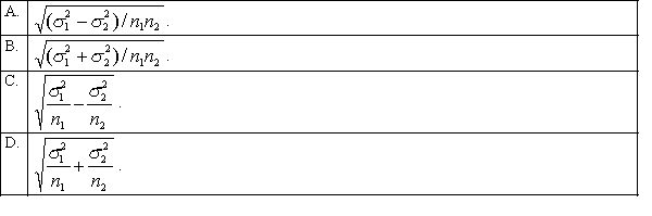 If two random samples of sizes and are selected independently from two populations with variances and , then the standard error of the sampling distribution of the sample mean difference, , equals: