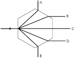 <strong>A light ray strikes a hexagonal ice crystal floating in the air perpendicular to one face,as shown below.The hexagonal faces of the crystal are perpendicular to the plane of the page.All the rays shown are in the plane of the page,and n<sub>ice</sub> = 1.30.Which outgoing ray is correct when the incoming ray strikes the crystal face on the left head on? </strong> A)A B)B C)C D)D E)E