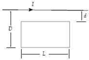 A loop of wire (resistance = 2.0 m \Omega )is positioned as shown with respect to a long wire which carries a current.If d = 1.0 cm,D = 6.0 cm,and L = 1.5 m,what current is induced in the loop at an instant when the current in the wire is increasing at a rate of 100 A/s?