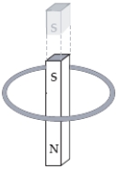 A bar magnet is dropped from above and falls through the loop of wire shown below.The north pole of the bar magnet points downward towards the page as it falls.Which statement is correct?