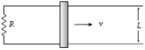 A bar (L = 80 cm)moves on two frictionless rails,as shown,in a region where the magnetic field is uniform (B = 0.30 T)and into the paper.If v = 50 cm/s and R = 60 m \Omega ,what is the magnetic force on the moving bar?