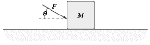 <strong>A block is pushed across a horizontal surface by the force shown.If the coefficient of kinetic friction between the block and the surface is 0.30,F = 20 N, \theta = 30 \degree ,and M = 3.0 kg,what is the magnitude of the acceleration of the block? </strong> A)2.8 m/s<sup>2</sup> B)2.3 m/s<sup>2</sup> C)1.8 m/s<sup>2</sup> D)3.3 m/s<sup>2</sup> E)5.4 m/s<sup>2</sup>
