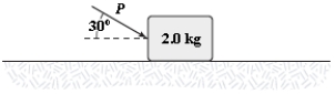 <strong>A 2.0-kg block slides on a rough horizontal surface.A force (P = 6.0 N)is applied to the block as shown.The magnitude of the block's acceleration is 1.2 m/s<sup>2</sup>.What is the magnitude of the force of friction acting on the block? </strong> A)2.0 N B)1.4 N C)1.6 N D)2.8 N E)3.4 N