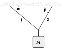  <strong>If  \alpha  = 40 \degree , \beta  = 60 \degree ,and M = 4.0 kg,determine the tension in string 1.  </strong> A)15 N B)22 N C)17 N D)20 N E)36 N <div style=padding-top: 35px>  