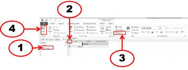 -In the accompanying figure, which number corresponds to the datasheet selector which selects all records in a table?