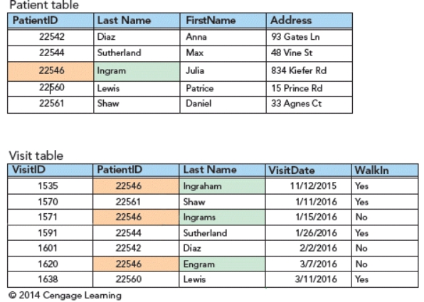 <strong> In the accompanying figure, the highlighted record entries illustrate a database design with ____.</strong> A) extremely long character widths B) data redundancy C) a composite primary key D) no field properties