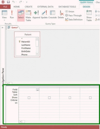 -In the accompanying figure, the ____________________ of the Query window in Design View is outlined.