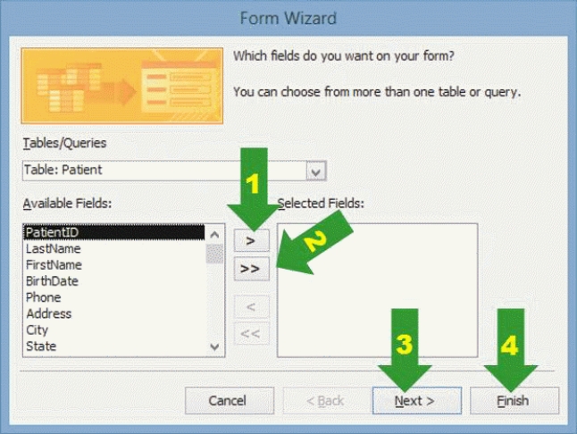   -In the accompanying figure, which numbered arrow corresponds to the button which, when clicked, moves all Available Fields to the Selected Fields box?