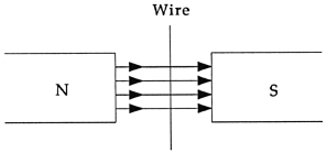 <strong>Consider a wire in a magnetic field, as shown in the following figure, with a current flowing through it. What will happen to the wire? <sub> </sub> <sub> </sub></strong> A) The wire will be forced toward the north pole. B) The wire will be forced perpendicular to the plane of the magnetic field. C) The current will cease flowing. D) Nothing will happen.