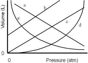 <strong>Which of the lines on the figure below is the best representation of the relationship between the volume of a gas and its pressure,other factors remaining constant?  </strong> A)a B)b C)c D)d E)e <div style=padding-top: 35px> 