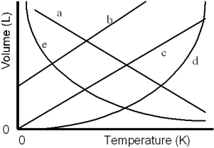 <strong>Which of the lines on the figure below is the best representation of the relationship between the volume of a gas and its absolute temperature,other factors remaining constant?  </strong> A)a B)b C)c D)d E)e <div style=padding-top: 35px> 