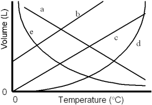 <strong>Which of the lines on the figure below is the best representation of the relationship between the volume of a gas and its Celsius temperature,other factors remaining constant?  </strong> A)a B)b C)c D)d E)e <div style=padding-top: 35px> 