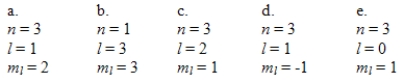 <strong>Which one of the following sets of quantum numbers can correctly represent a 3p orbital? </strong> A)a B)b C)c D)d E)e