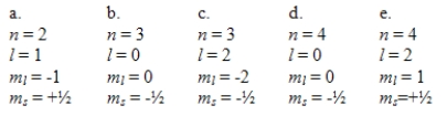 <strong>An atom of element number 33 (As)is in its ground electronic state.Which one of the following sets of quantum numbers could not apply to any of its electrons? </strong> A)a B)b C)c D)d E)e