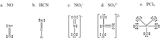 <strong>Which one of the following Lewis structures is definitely incorrect?  </strong> A)a B)b C)c D)d E)e <div style=padding-top: 35px> 