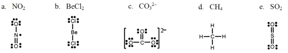 <strong>Which one of the following Lewis structures is definitely incorrect?  </strong> A)a B)b C)c D)d E)e <div style=padding-top: 35px> 