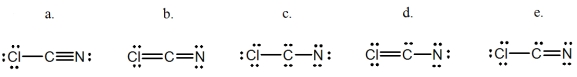 <strong>Select the best Lewis structure for ClCN.  </strong> A)a B)b C)c D)d E)e <div style=padding-top: 35px> 