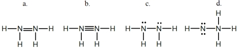 <strong>Hydrazine,N<sub>2</sub>H<sub>4</sub>,is a good reducing agent that has been used as a component in rocket fuels.Select its Lewis structure.  </strong> A)a B)b C)c D)d E)None of these choices is correct. <div style=padding-top: 35px> 