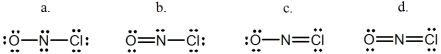 <strong>Select the correct Lewis structure for NOCl,a reactive material used as an ionizing solvent.  </strong> A)a B)b C)c D)d E)None of these choices is correct. <div style=padding-top: 35px> 