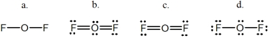 <strong>Oxygen difluoride is a powerful oxidizing and fluorinating agent.Select its Lewis structure.  </strong> A)a B)b C)c D)d E)None of these choices is correct. <div style=padding-top: 35px> 