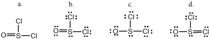 Thionyl chloride is used as an oxidizing and chlorinating agent in organic chemistry.Select the best Lewis structure for SOCl<sub>2</sub>.