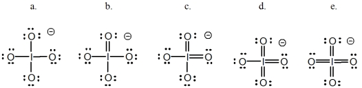 <strong>Select the Lewis structure in which formal charges are minimized for the periodate anion,IO<sub>4</sub><sup>-</sup>.  </strong> A)a B)b C)c D)d E)e <div style=padding-top: 35px> 