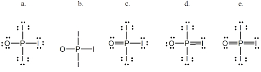 <strong>Phosphoryl iodide is used in the preparation of organophosphorus derivatives and phosphate esters.Select the Lewis structure for POI<sub>3</sub> which minimizes formal charges.  </strong> A)a B)b C)c D)d E)e <div style=padding-top: 35px> 