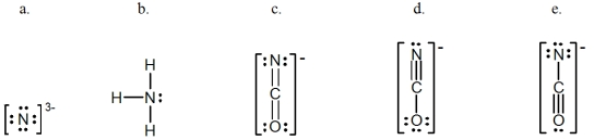 <strong>In which of the following does the nitrogen atom have a formal charge of -1?  </strong> A)a B)b C)c D)d E)e <div style=padding-top: 35px> 