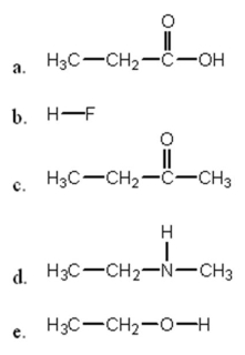 <strong>In which of the following compounds will the molecules not form hydrogen bonds with each other?  </strong> A)a B)b C)c D)d E)e <div style=padding-top: 35px> 