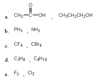 <strong>Select the pair of substances in which the one with the lower vapor pressure at a given temperature is listed first.  </strong> A)a B)b C)c D)d E)e <div style=padding-top: 35px> 
