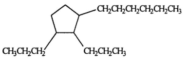 <strong>Select the correct name for the following compound. </strong> A)ortho-dipropylcyclopentylhexane B)2,3-dipropylcyclopentylhexane C)2-hexyl-1,5-dipropylcyclopentane D)1-hexyl-2,3-dipropylcyclopentane E)1,2-dipropyl-3-hexylcyclopentane