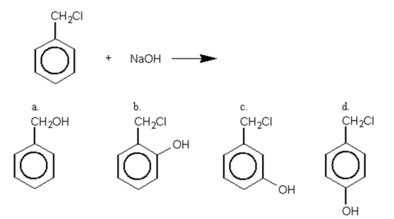 <strong>Identify the principal organic product when benzyl chloride reacts with aqueous sodium hydroxide. </strong> A)a B)b C)c D)d E)None of these choices is correct.