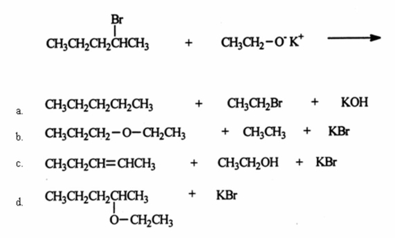 <strong>Identify the products of the reaction between 2-bromopentane and potassium ethoxide. </strong> A)a B)b C)c D)d E)None of these choices are the major products of the reaction.