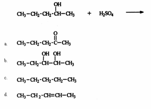 <strong>Identify the organic product for the reaction of 2-pentanol with sulfuric acid. </strong> A)a B)b C)c D)d E)None of these choices is a major product of the reaction.