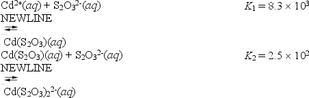 <strong>Consider the reactions of cadmium with the thiosulfate anion. What is the value for the equilibrium constant for the following reaction? Cd<sup>2+</sup>(aq)+ 2S<sub>2</sub>O<sub>3</sub><sup>2-</sup>(aq) Cd(S<sub>2</sub>O<sub>3</sub>)<sub>2</sub><sup>2-</sup>(aq)</strong> A)0.030 B)33 C)8.1 \times 10<sup>3</sup> D)8.6 \times 10<sup>3</sup> E)2.1 \times 10<sup>6</sup>