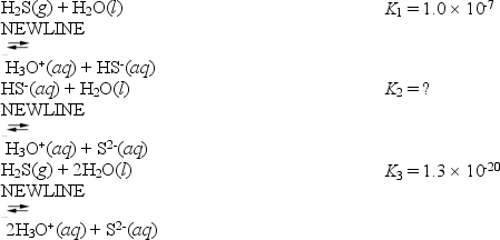 <strong>Hydrogen sulfide will react with water as shown in the following reactions. What is the value of K<sub>2</sub>?</strong> A)1.3 \times 10<sup>-27</sup> B)2.3 \times 10<sup>-7</sup> C)1.3 \times 10<sup>-13</sup> D)7.7 \times 10<sup>12</sup> E)7.7 \times 10<sup>26</sup>