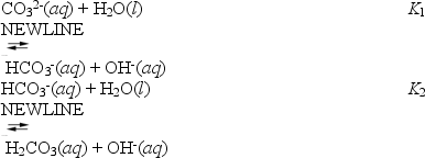<strong>About half of the sodium carbonate produced is used in making glass products because it lowers the melting point of sand,the major component of glass.When sodium carbonate is added to water it hydrolyses according to the following reactions. These can be combined to yield What is the value of K<sub>3</sub>?</strong> A)K<sub>1</sub> \times K<sub>2</sub> B)K<sub>1</sub> \times K<sub>2</sub>. C)K<sub>1</sub> + K<sub>2</sub> D)K<sub>1</sub> - K<sub>2</sub> E)(K<sub>1</sub>K<sub>2</sub>)<sup>2</sup>