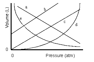 Which of the lines on the figure below is the best representation of the relationship between the volume of a gas and its pressure, other factors remaining constant?