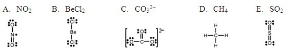 <strong>Which one of the following Lewis structures is definitely incorrect? </strong> A) A B) B C) C D) D E) E