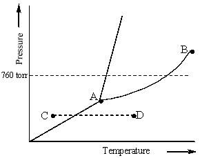 <strong>Examine the phase diagram for the substance Bogusium (Bo) and select the correct statement. </strong> A) Bo(s) has a lower density than Bo(l). B) The triple point for Bo is at a higher temperature than the melting point for Bo. C) Bo changes from a solid to a liquid as one follows the line from C to D. D) Bo changes from a liquid to a gas as one follows the line from C to D. E) Point B represents the critical temperature and pressure for Bo.