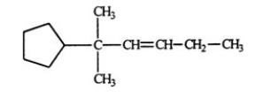 <strong>Select the correct name for the following compound.  </strong> A) 1,1-dimethyl-1-cylcopentyl-2-pentane B) 1,1-dimethyl-2-hexene-cyclopentane C) 2-cyclopentyl-2-methyl-3-hexene D) 5,5-dimethyl-5-cyclopentyl-3-pentane E) 5,5-dimethyl-5-cyclopentyl-3-pentene <div style=padding-top: 35px> 